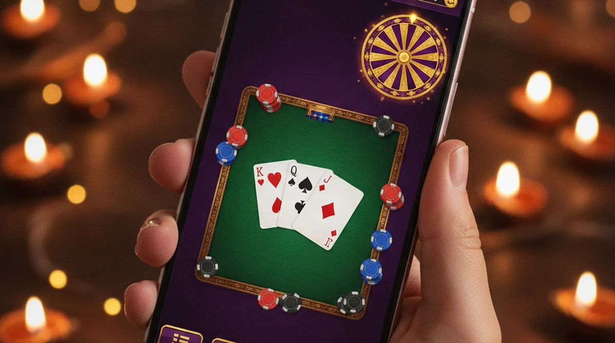 A smartphone displaying an SVIP 3 Patti dark-purple luxury UI layout with active card tables.